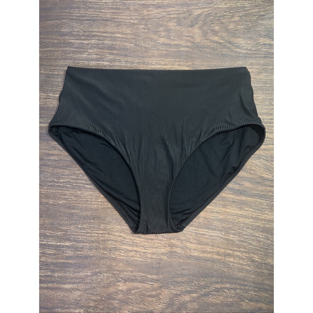 Athleta High Rise Full Coverage Black Ribbed Swim Bottoms Women's Large